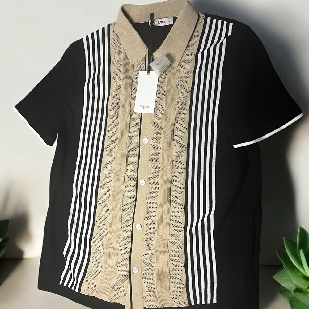 Grace Karin Men Button Up Short Sleeve Rise to the occasion stunning Shirt Large